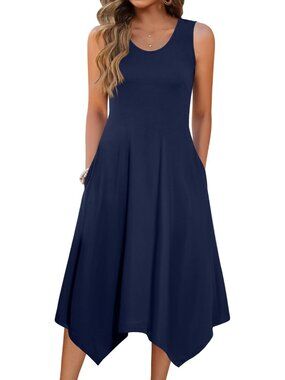 🆕Women's Solid Navy Summer Tank Dress Loose Flowy Beach Dress Flare Midi Dress